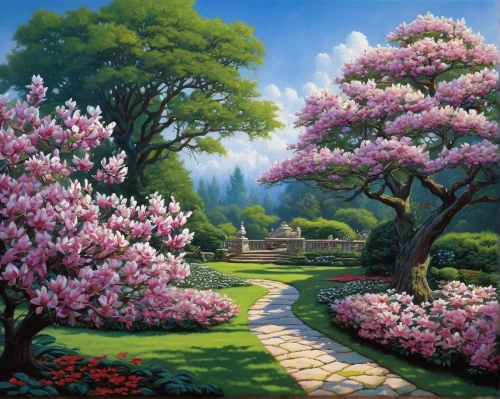 magnolia tree,magnolia trees,sakura tree,cherry blossom tree,blooming trees,blossoming apple tree,blossom tree,sakura trees,cherry trees,flowering trees,magnolia,magnolias,springtime background,splendor of flowers,flower tree,lilac tree,home landscape,cherry tree,blooming tree,spring blossom,Illustration,American Style,American Style 07