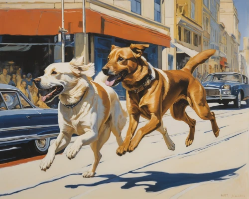 two running dogs,hound dogs,street dogs,hunting dogs,two dogs,dog street,three dogs,flying dogs,british bulldogs,color dogs,walking dogs,black mouth cur,dog running,rhodesian ridgeback,running dog,stray dogs,david bates,bull and terrier,canines,street dog,Illustration,Retro,Retro 21