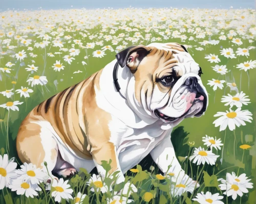 white english bulldog,english bulldog,british bulldogs,old english bulldog,dwarf bulldog,continental bulldog,dorset olde tyme bulldogge,bulldog,australian bulldog,peanut bulldog,olde english bulldogge,valley bulldog,dog illustration,renascence bulldogge,ox-eye daisy,flower animal,toy bulldog,basset artésien normand,shar pei,the french bulldog,Art,Artistic Painting,Artistic Painting 24