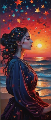 oil painting on canvas,oil painting,art painting,sea night,woman thinking,oil on canvas,the sea maid,la violetta,radha,woman playing,el mar,girl on the dune,girl with a dolphin,mystical portrait of a girl,glass painting,fantasia,gypsy soul,star mother,starry night,fantasy art,Illustration,Realistic Fantasy,Realistic Fantasy 07