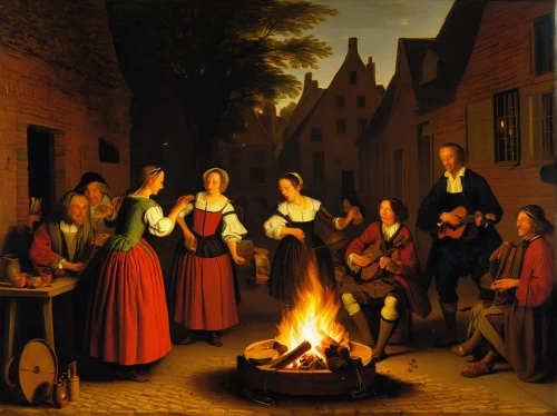 candlemas,carolers,celebration of witches,fireside,carol singers,campfire,flemish,bonfire,toasting,dutch oven,candlemaker,night scene,street musicians,campfires,apfelwein,fire bowl,village scene,musicians,bougereau,feuerzangenbowle,Art,Classical Oil Painting,Classical Oil Painting 41