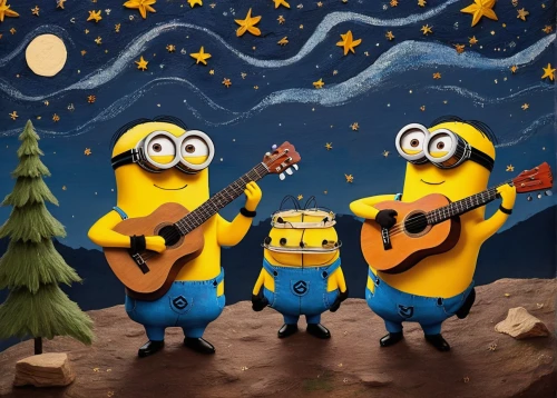 carol singers,minions guitar,carolers,musicians,minions,dancing dave minion,minion tim,minion,singers,singing,sing,cute cartoon image,christmas carols,serenade,violinists,artists of stars,music band,rock band,starry night,entertainers,Art,Artistic Painting,Artistic Painting 25