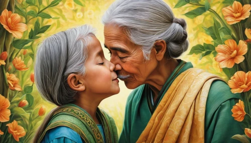old couple,grandparents,romantic portrait,oil painting on canvas,two people,indian art,khokhloma painting,kerala,portrait background,kimjongilia,oil painting,mother and father,bangladeshi taka,flower painting,indigenous painting,asian vision,embrace,oil on canvas,tango,vietnam's,Illustration,Realistic Fantasy,Realistic Fantasy 41