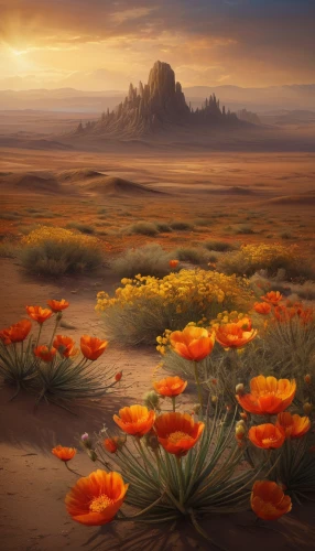 flowerful desert,desert landscape,desert desert landscape,desert flower,poppy fields,poppy field,arid landscape,field of poppies,capture desert,desert background,poppy flowers,mojave desert,volcanic landscape,poppies,desert plants,landscape background,desert plant,iceland poppy,mesquite flats,fantasy landscape,Art,Classical Oil Painting,Classical Oil Painting 18