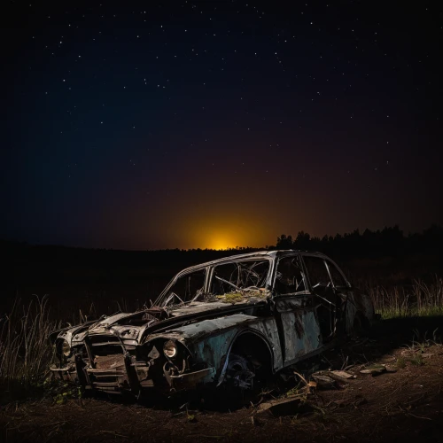 abandoned car,old abandoned car,post-apocalypse,station wagon-station wagon,scrapped car,eastern ukraine,scorched earth,road forgotten,night photography,post-apocalyptic landscape,the wreck of the car,scrap car,luxury decay,ghost car,lightpainting,post apocalyptic,burned land,derelict,lost places,light painting,Art,Classical Oil Painting,Classical Oil Painting 11