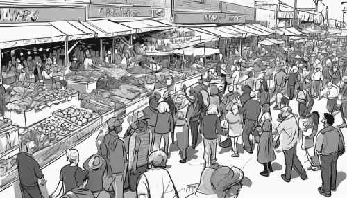 the market,large market,market,fruit market,namdaemun market,market introduction,vegetable market,crowds,fish market,mono-line line art,market stall,office line art,food line art,farmer's market,farmers market,mono line art,spice market,crowd of people,hippy market,crowded,Illustration,Black and White,Black and White 08