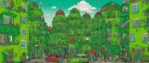 aurora village,cartoon forest,escher village,basil's cathedral,colorful city,studio ghibli,fantasy city,skyscraper town,blocks of houses,row houses,green animals,hanging houses,city buildings,houses,apartment buildings,green trees,green balloons,townhouses,city blocks,apartment building,Illustration,Abstract Fantasy,Abstract Fantasy 04