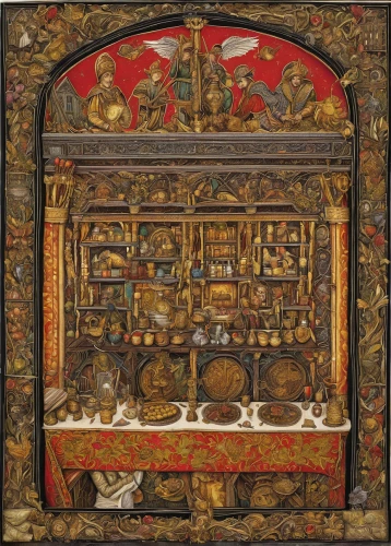 cabinet,portuguese galley,the dining board,medicine icon,apothecary,tabernacle,china cabinet,sideboard,kitchen cabinet,cabinetry,puppet theatre,compartment,antiquariat,medieval market,vestment,galley,christ feast,vanitas,lyre box,medieval,Art,Classical Oil Painting,Classical Oil Painting 28