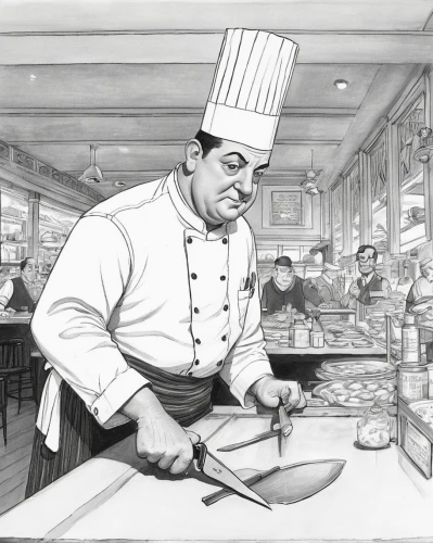 chef's uniform,cookery,men chef,pastry chef,chef,breakfast on board of the iron,vintage illustration,fishmonger,waiter,galley,cuisine classique,chef's hat,chefs kitchen,enrico caruso,book illustration,food line art,caterer,aligot,cook,ratatouille,Illustration,Black and White,Black and White 22