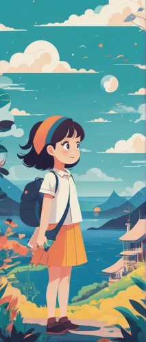 little girl in wind,springtime background,summer background,wander,studio ghibli,kids illustration,spring background,stroll,exploration of the sea,candy island girl,paper boat,french digital background,seaside,salt sea,children's background,background screen,background scrapbook,digital background,seaside country,animation,Illustration,Japanese style,Japanese Style 06