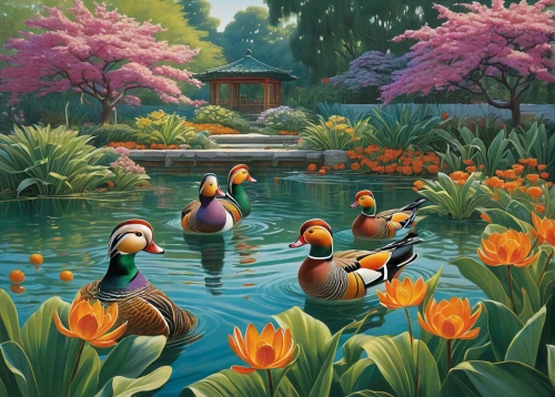 mandarin ducks,lily pond,flower painting,lotuses,lilly pond,ducks,chinese art,wild ducks,springtime background,lotus pond,tulip festival,oriental painting,japan garden,koi pond,garden pond,pond flower,tropical birds,flower and bird illustration,spring background,flamingos,Illustration,Retro,Retro 14