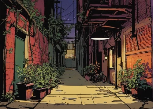 alleyway,alley,old linden alley,narrow street,laneway,alley cat,blind alley,gas lamp,brooklyn,birch alley,the street,neighborhood,hanoi,the cobbled streets,digital illustration,sidewalk,tenement,greystreet,color 1,street scene,Illustration,Vector,Vector 03