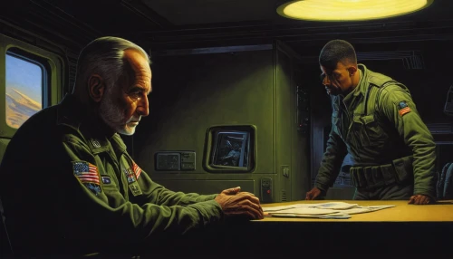 sci fiction illustration,game illustration,fighter pilot,civilian service,interrogation point,cg artwork,buzz aldrin,examining,interrogation,glider pilot,usn,military organization,military person,fidel alejandro castro ruz,fidel,contemporary witnesses,theoretician physician,meticulous painting,consultation,in custody,Conceptual Art,Sci-Fi,Sci-Fi 15