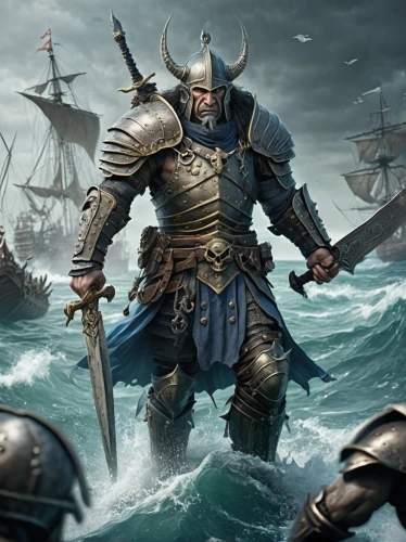 god of the sea,viking,vikings,poseidon,massively multiplayer online role-playing game,heroic fantasy,sea god,viking ship,norse,wind warrior,viking ships,leeuwarder current,ironclad warship,crusader,nautical banner,poseidon god face,mergus,the storm of the invasion,mariner,seafarer,Illustration,Realistic Fantasy,Realistic Fantasy 19