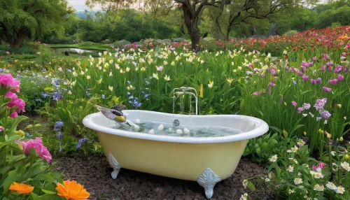 wash basin,landscape designers sydney,flower garden,bird bath,flowers in wheel barrel,flower water,flower bed,landscape design sydney,washbasin,yellow garden,garden pond,spring garden,fountain pond,sea of flowers,cottage garden,decorative fountains,pond flower,secret garden of venus,lilly pond,flower bowl,Illustration,American Style,American Style 11