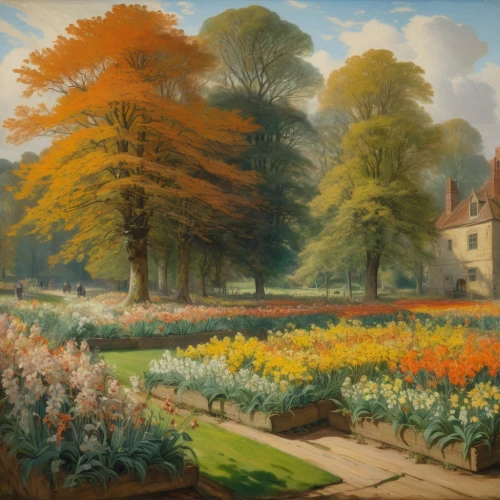 tulip field,flower garden,autumn landscape,vegetables landscape,tulips field,groenendael,dutch landscape,tulip festival,daffodils,orange tulips,english garden,farm landscape,home landscape,robert duncanson,spring garden,flower meadow,dandelion hall,cottage garden,flowers field,flower field,Art,Classical Oil Painting,Classical Oil Painting 15