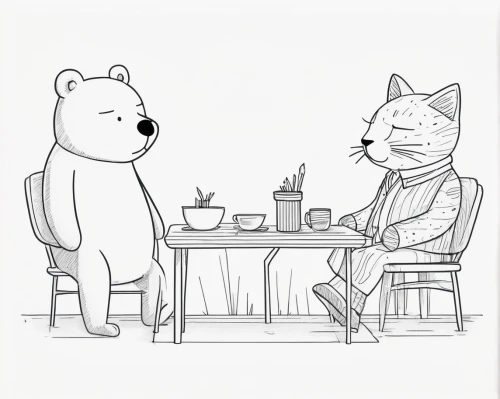 line art animals,conversation,chatting,teatime,icebear,bears,cat drinking tea,anthropomorphized animals,talking,cat's cafe,bear,coloring page,cute bear,ice bear,the bears,tea drinking,tea zen,mediation,tea time,romantic meeting,Illustration,Vector,Vector 06