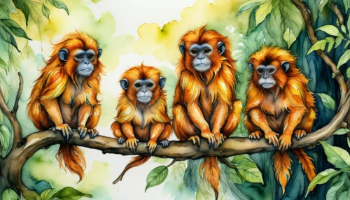 golden lion tamarin,primates,monkey family,three monkeys,ginger family,monkeys band,tamarin,three wise monkeys,uakari,orang utan,monkeys,borneo,gibbon 5,soapberry family,langur,tropical animals,great apes,primate,male lions,costus family,Illustration,Realistic Fantasy,Realistic Fantasy 37