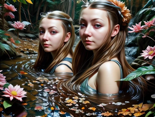 mirror image,fractals art,oil painting on canvas,mirror in the meadow,twin flowers,mirror water,mirror reflection,oil painting,cluster-lilies,water lilies,kahila garland-lily,fantasy art,reflection in water,cloves schwindl inge,water mirror,girl in flowers,lilies,two girls,photo painting,parallel worlds