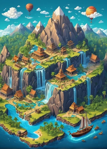 floating islands,mountain world,polynesia,ancient city,fantasy landscape,islands,mountain village,atlantis,flying island,an island far away landscape,cartoon video game background,mountain settlement,lagoon,diamond lagoon,artificial islands,floating island,fantasy world,resort town,continent,mushroom island,Unique,3D,Isometric