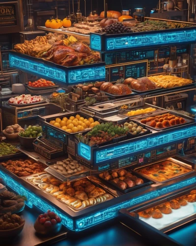 seafood counter,deli,meat counter,pâtisserie,bakery,pastries,sweet pastries,market stall,fruit stand,pastry shop,fish market,fruit market,grocer,buffet,cold buffet,fruit stands,hong kong cuisine,bakery products,the market,vendors,Photography,General,Sci-Fi