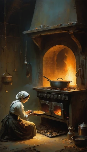 dwarf cookin,girl in the kitchen,pizza oven,cookery,girl with bread-and-butter,candlemaker,masonry oven,stove,cannon oven,woman holding pie,gas stove,blacksmith,tinsmith,stone oven pizza,hearth,stone oven,saganaki,tandoor,cooking book cover,cooking pot,Illustration,Realistic Fantasy,Realistic Fantasy 16