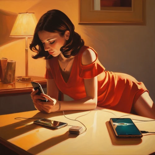girl at the computer,girl studying,woman holding a smartphone,world digital painting,internet addiction,sci fiction illustration,social media addiction,transistor checking,charging phone,game addiction,game illustration,modern,electronic device,woman playing,computer addiction,digital painting,girl in a long,texting,using phone,oil painting,Conceptual Art,Daily,Daily 12
