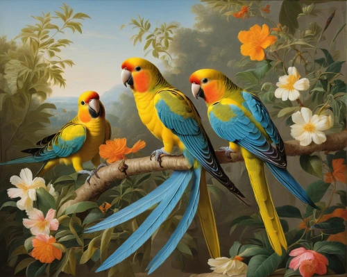 golden parakeets,macaws blue gold,passerine parrots,yellow-green parrots,parrots,macaws,parrot couple,macaws of south america,blue and yellow macaw,tropical birds,couple macaw,rare parrots,blue and gold macaw,blue macaws,parakeets,budgies,birds on a branch,sun conures,toucans,yellow macaw,Art,Classical Oil Painting,Classical Oil Painting 33