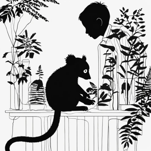 mouse silhouette,sewing silhouettes,kopi luwak,cat silhouettes,animal silhouettes,black cat,edward lear,siamang,primates,monkey with cub,cercopithecus neglectus,silhouette of man,book illustration,cat and mouse,guenon,kate greenaway,luwak,garden silhouettes,lemurs,cat drinking tea,Illustration,Black and White,Black and White 33