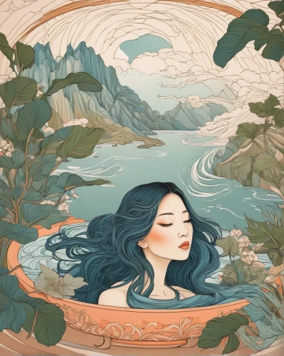 the sleeping rose,mermaid background,adrift,junshan yinzhen,sleeping rose,tranquil,girl on the river,dreaming,gold foil mermaid,calming,floating on the river,siren,coffee tea illustration,idyll,water nymph,mermaid,girl lying on the grass,lotus blossom,sleeping,watery heart,Illustration,Japanese style,Japanese Style 15