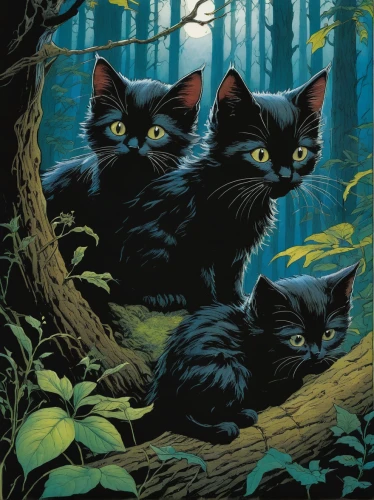 cats in tree,cat family,felines,cats,vintage cats,kittens,black bears,baby cats,nightshade family,woodland animals,stray cats,forest animals,druids,great horned owls,capricorn kitz,black cat,two cats,yellow eyes,cats playing,cat lovers,Illustration,Realistic Fantasy,Realistic Fantasy 04
