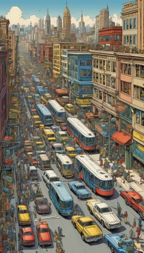 harlem,large market,the market,namdaemun market,market,bombay,moc chau hill,1950s,david bates,city highway,san francisco,bottleneck,colorful city,world digital painting,vendors,kowloon,apgujeong,banana box market,street fair,1950's,Illustration,American Style,American Style 01