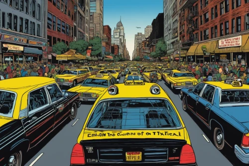 new york taxi,yellow cab,yellow taxi,taxicabs,taxi cab,david bates,cab driver,cabs,taxi,traffic jam,traffic congestion,traffic jams,taxi sign,new york,heavy traffic,school buses,new york streets,city car,wall street,yellow wall,Illustration,American Style,American Style 03