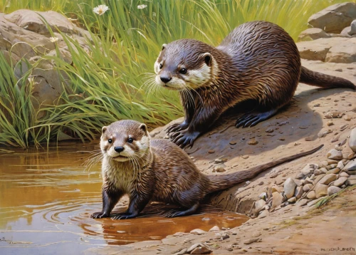 otters,north american river otter,mustelidae,polecat,otter,coatimundi,mustelid,beavers,american mink,giant otter,coypu,otter baby,mammals,aquatic mammal,oil painting,phoenicurus ochruros,oil painting on canvas,water hole,scandivian animals,hunting scene,Art,Classical Oil Painting,Classical Oil Painting 42