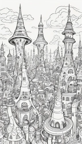 fantasy city,basil's cathedral,roof domes,city cities,castles,ancient city,escher village,medieval town,fantasy world,saint basil's cathedral,roofs,coloring page,cities,city buildings,hogwarts,chimneys,towers,minarets,knight village,backgrounds,Illustration,Black and White,Black and White 05