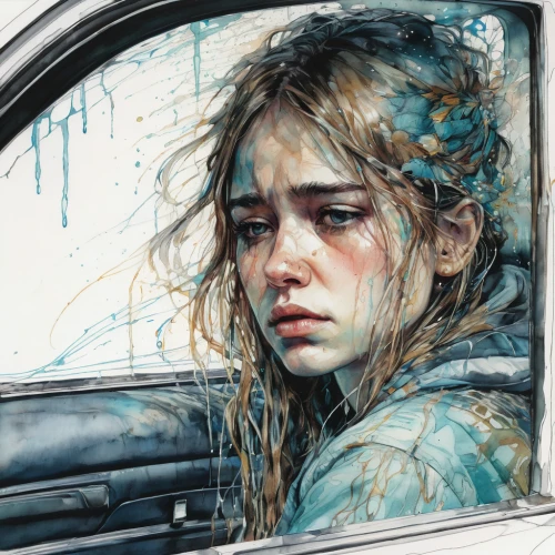 girl washes the car,girl in car,girl and car,woman in the car,car drawing,drive,washes,car window,in the rain,detail shot,rainy,abandoned car,blue rain,in car,behind the wheel,windshield,worried girl,girl with a wheel,digital painting,elle driver,Illustration,Paper based,Paper Based 13