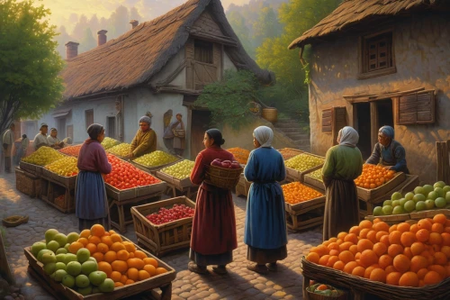 fruit market,vegetable market,cart of apples,the market,medieval market,fruit stand,greengrocer,market,large market,grocer,harvest festival,farmer's market,fruit stands,marketplace,village shop,village life,vegetables landscape,pilgrims,vendors,village scene,Illustration,Realistic Fantasy,Realistic Fantasy 27