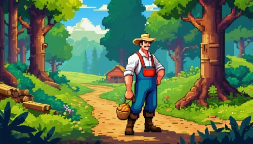farmer in the woods,monkey island,hiker,game illustration,adventure game,forest workers,farmer,pixel art,forest workplace,game art,forest man,indiana jones,adventurer,forest walk,action-adventure game,lumberjack,mountain guide,biologist,stroll,forest path,Unique,Pixel,Pixel 05