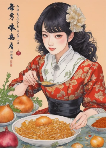 青龙菜,cooking book cover,soba,udon,oriental painting,麻辣,japanese art,huaiyang cuisine,hanbok,jiaozi,oriental girl,xiaolongbao,oriental princess,spring festival,chinese art,白斩鸡,siu mei,sukiyaki,korean royal court cuisine,ginseng chicken soup,Illustration,Japanese style,Japanese Style 18