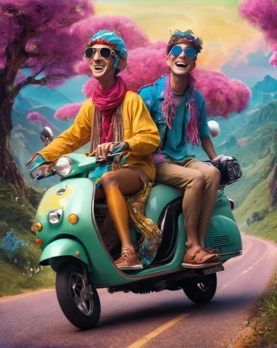 scooter riding,scooters,electric scooter,world digital painting,piaggio,party bike,road trip,cg artwork,80s,colorful life,digital nomads,digital painting,e-scooter,flower car,french tourists,motorized scooter,lsd,tourists,the festival of colors,roadtrip,Illustration,Realistic Fantasy,Realistic Fantasy 37