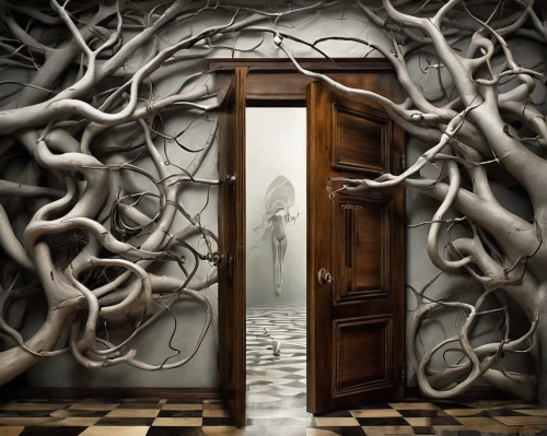 surrealism,creepy doorway,the door,the threshold of the house,open door,photo manipulation,the roots of trees,tree and roots,surrealistic,rooted,door,armoire,doorway,wooden door,play escape game live and win,in the door,wrought,doors,iron door,home door,Illustration,Black and White,Black and White 07