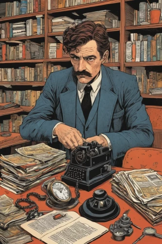 vintage illustration,man with a computer,sci fiction illustration,watchmaker,mark twain,book illustration,reading magnifying glass,librarian,bookselling,publish a book online,cryptography,digitizing ebook,theoretician physician,typewriting,bookkeeper,game illustration,typesetting,telephony,telecommunications,telegram,Illustration,Paper based,Paper Based 26