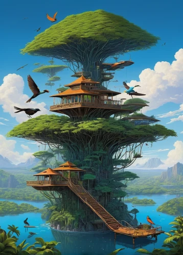 floating island,floating islands,tree house,flying island,bird kingdom,mushroom island,treehouse,artificial island,tree house hotel,bird bird kingdom,ori-pei,bonsai,the japanese tree,islet,asian architecture,bird tower,silk tree,island suspended,ancient city,dragon tree,Illustration,Black and White,Black and White 06