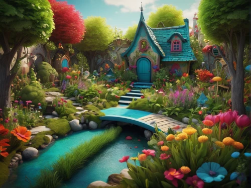 fairy village,fairy world,wonderland,fairy house,spring garden,fairy forest,springtime background,spring background,3d fantasy,wishing well,home landscape,flower garden,fairy door,clove garden,fantasy landscape,cartoon video game background,cottage garden,garden of plants,nature garden,bird kingdom,Illustration,Abstract Fantasy,Abstract Fantasy 01