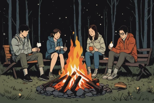 campfire,campfires,camp fire,bonfire,fireside,firepit,birch family,the stake,campers,teenagers,game illustration,fire pit,camping,cover,three friends,teens,pine family,arrowroot family,digital nomads,fire bowl,Illustration,Vector,Vector 10