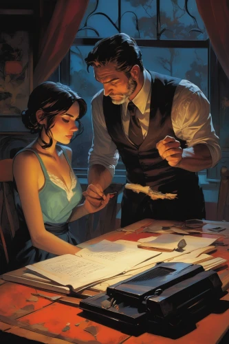 transistor checking,clue and white,game illustration,examining,tutor,roaring twenties couple,transistor,study,book illustration,tutoring,seamstress,sci fiction illustration,tabletop game,tailor,watchmaker,investigator,romance novel,piano lesson,meticulous painting,tinkering,Conceptual Art,Oil color,Oil Color 04