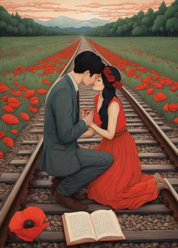 red poppy on railway,red string,love letter,romantic scene,red heart on railway,red petals,romance novel,way of the roses,love letters,romantic portrait,young couple,red bench,romantic,glowing red heart on railway,love story,declaration of love,honeymoon,red roses,poppy fields,yellow rose on red bench,Illustration,Japanese style,Japanese Style 15