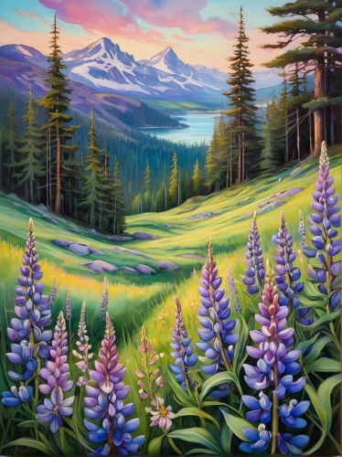 lupines,salt meadow landscape,mountain meadow,mountain scene,alpine meadow,alpine meadows,purple landscape,mountain landscape,meadow landscape,meadow in pastel,lupine,landscape background,forest landscape,meadow and forest,mountainous landscape,nature landscape,spruce-fir forest,high landscape,oil painting,oil on canvas,Illustration,Abstract Fantasy,Abstract Fantasy 11