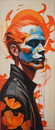 david bowie,autumn icon,oil on canvas,two face,cool pop art,fire artist,painted lady,oil painting on canvas,head woman,paint strokes,woman's face,thick paint strokes,painting technique,woman face,modern pop art,brushstroke,dali,art,woman thinking,james handley,Illustration,Realistic Fantasy,Realistic Fantasy 24