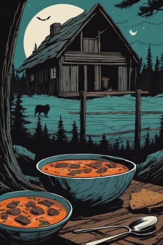 bannock,pumpkin soup,halloween poster,halloween travel trailer,halloween illustration,wagon wheel,log home,moonshine,jack-o-lanterns,cool woodblock images,jack-o'-lanterns,wagon wheels,halloween and horror,southern cooking,western food,wooden plate,dark mood food,canadian cuisine,halloween scene,cream of pumpkin soup,Illustration,Black and White,Black and White 12